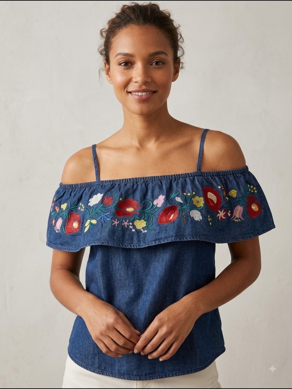Ci Sono Blue Off-Shoulder Denim Tank with Floral Embroidery